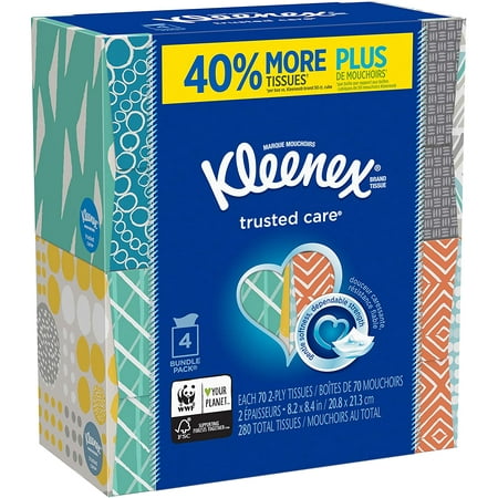 "Kleenex, Trusted Care Tissues, 2 Ply - 8.20"" x 8.40"" - White - Soft, Strong, Absorbent, Durable - 70 Sheets Per Box - 4 Boxes Per Pack"