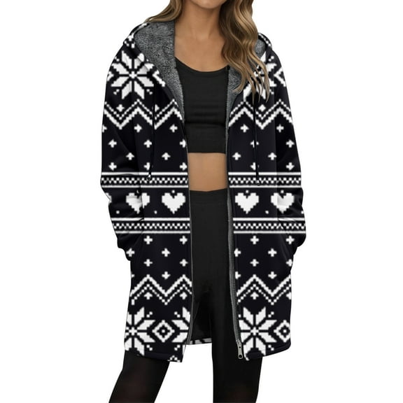 Luwomo Womens Jackets Longline Christma Festive Animal Graphic Long Sleeve Hooded Drawstring Winter Cozy Lined Full Zip Outerwear Blouses Black,L