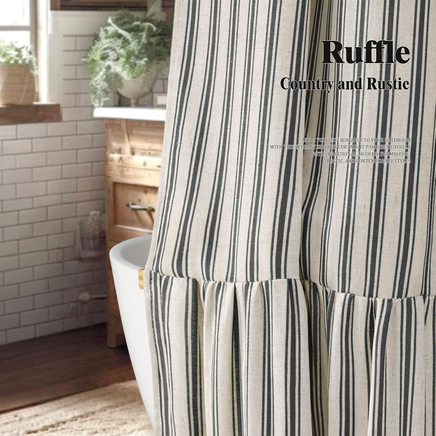 Shower Curtain with Ruffle Hem Linen Shower Curtains for Bathroom Country Vintage Rustic Natural Fabric, Cream-Black Stripe 72" W x 72" L