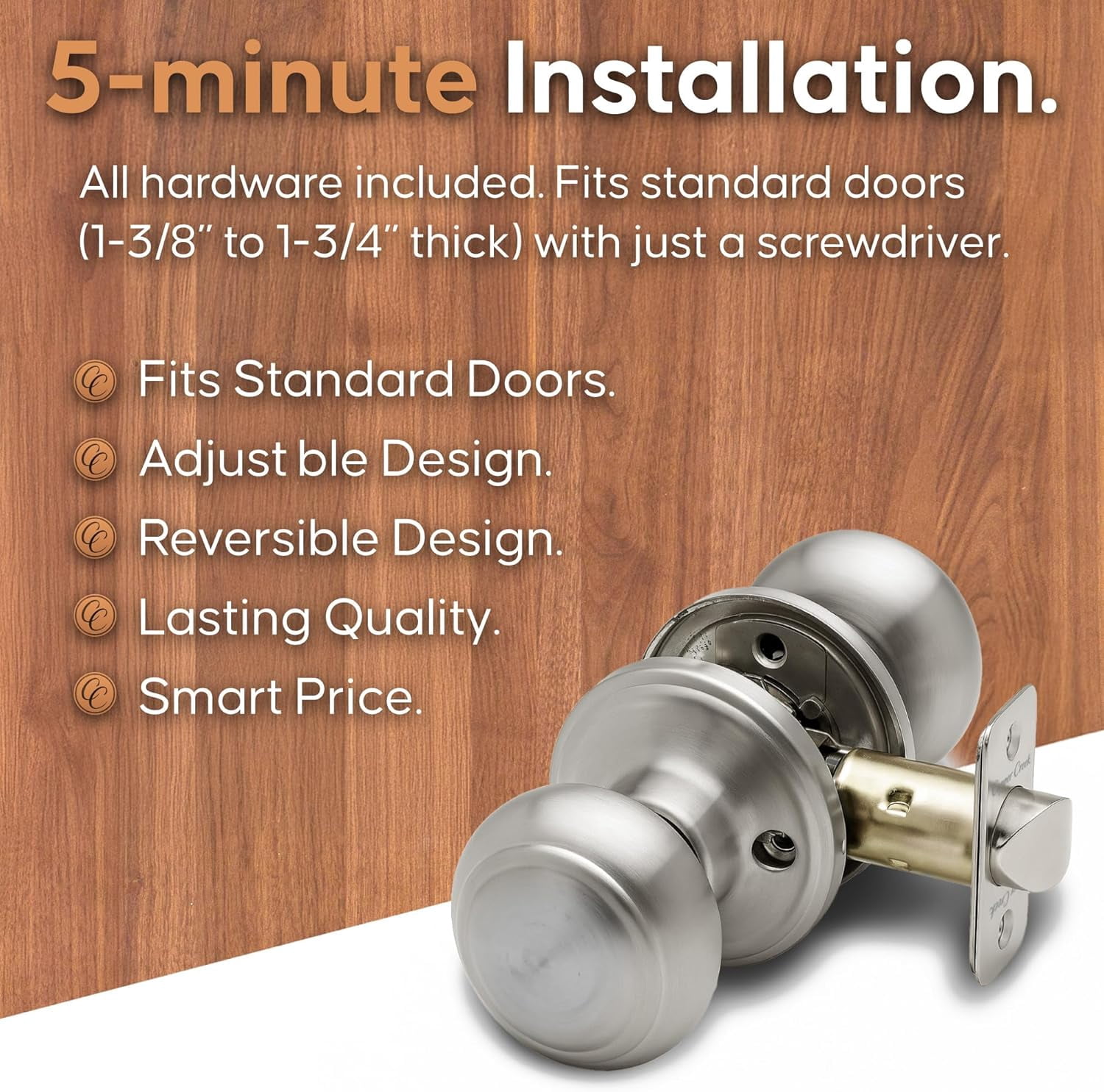 Colonial Passage Interior Door Knob – ANSI Grade-3 Certified, Modern Heavy Duty Handle, Easy Install and Reversible for Bedroom, Bathroom and Closets – Satin Stainless (1 Pack)