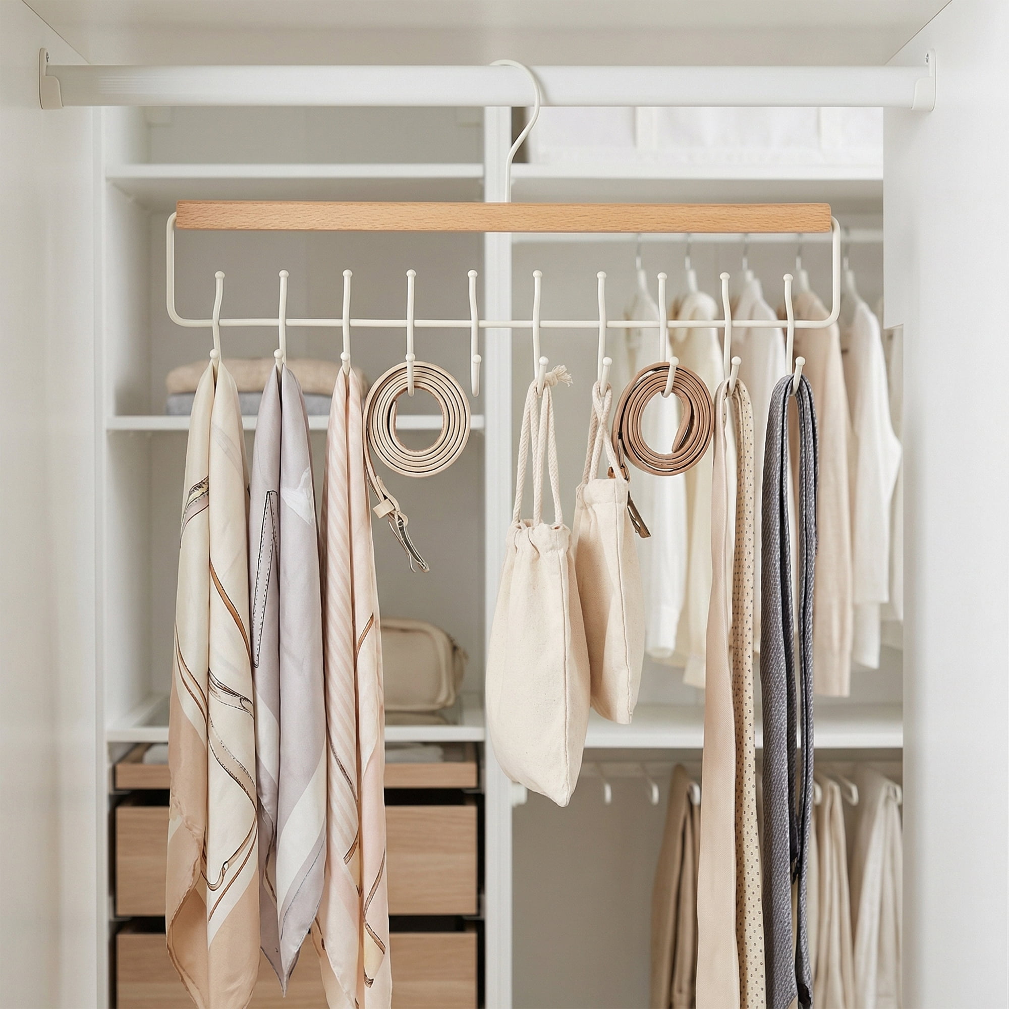 Unique Bargains 2Pcs Wood Cloth Hangers For Bras And Belts White 10 Hooks