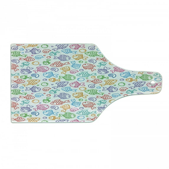 Fish Cutting Board, Colorful Doodle Style Fish with Happy Faces and Bubbles Under the Sea Aquarium, Decorative Tempered Glass Cutting and Serving Board, Wine Bottle Shape, Multicolor, by Ambesonne