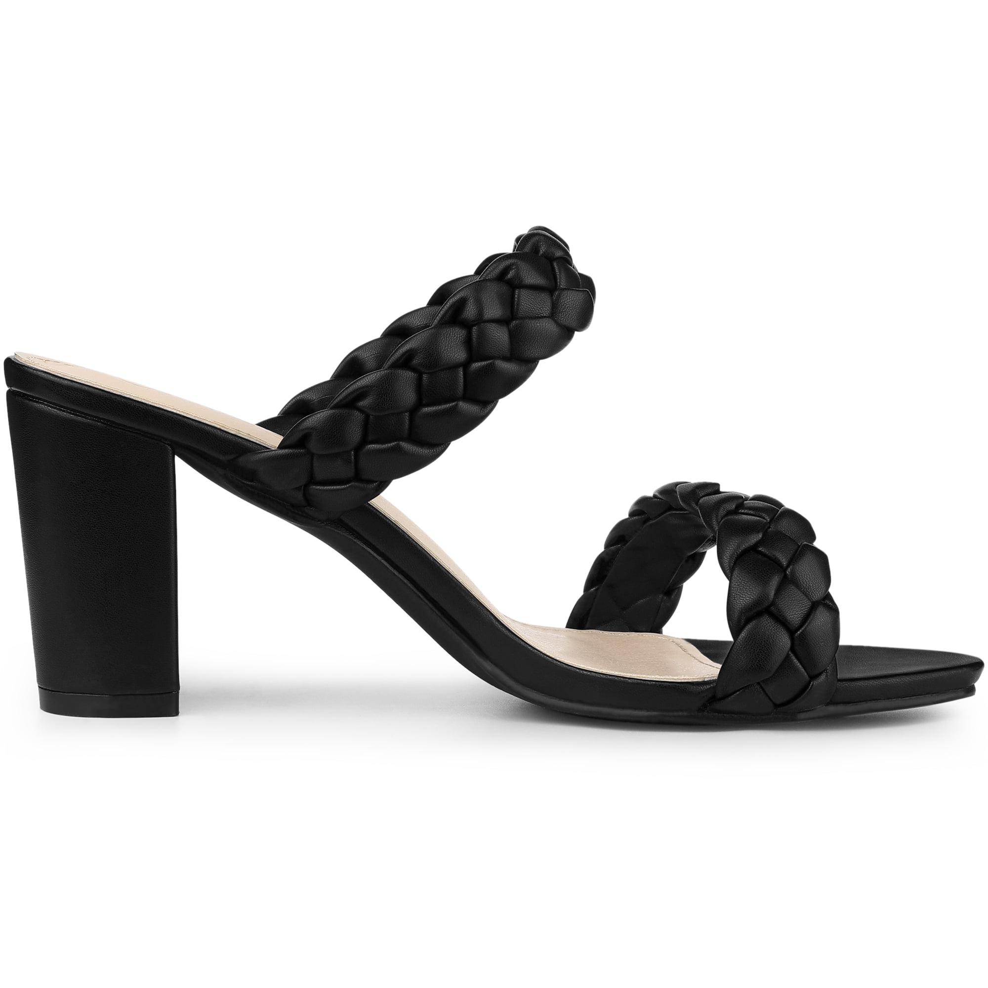 DARING DIVA Women's Braided Heeleds Slip on Chunky Heel Slides Sandals Black 6.5