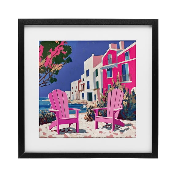 Stupell Industries Beach Chair Meetup in Pink Black Framed Print Under Glass design by Annabelle Hall, 13 x 13