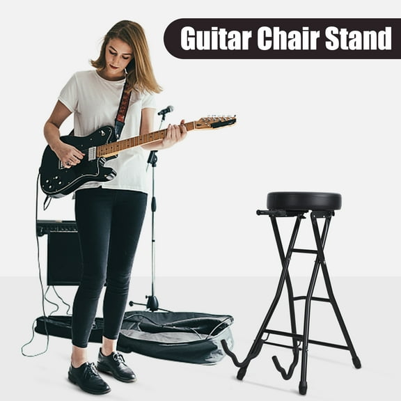 Foldable Guitar Stool with Padded Seat and Rear Mounted Guitar Hanger, 29 inch