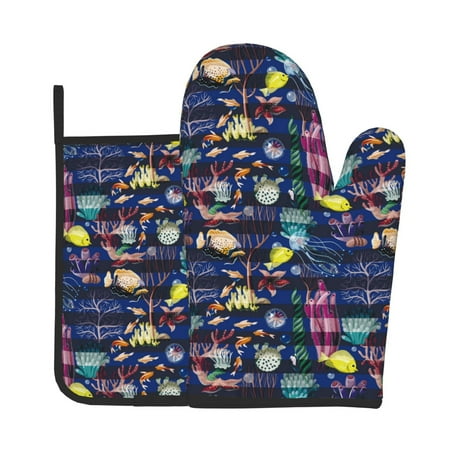 

Gaeub Sea Inhabitans and Herb Print Oven Mitts and Pot Holders Sets of 2 Heat Resistant Pad Cooking Gloves for Baking BBQ Home Decor