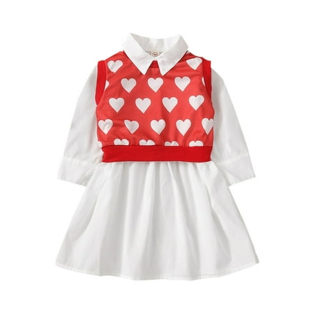 

Valentine s Day Kids Child Baby Girls Long Sleeve Solid Shirt Princess Dress Love Print Vest Set 2PCS Outfits For 5-6 Years