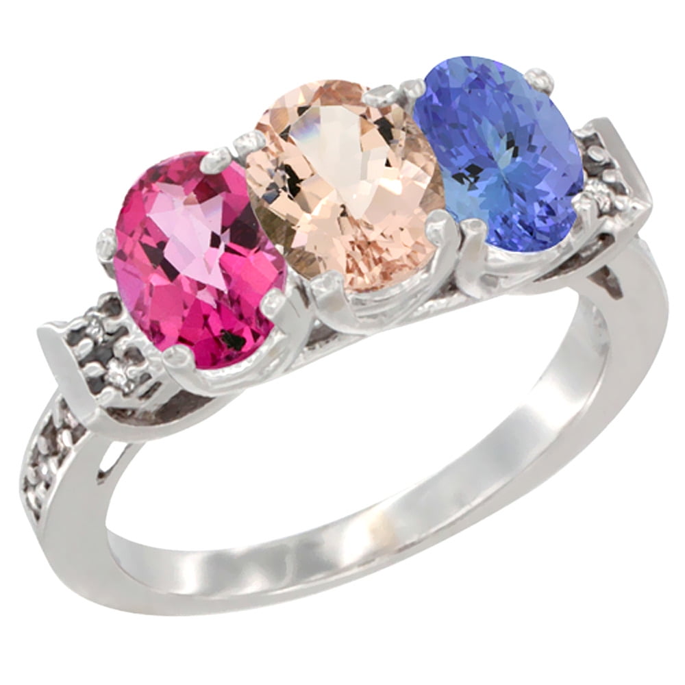 10K White Gold Natural Pink Topaz, Morganite & Tanzanite Ring 3-Stone Oval 7x5 mm Diamond Accent, sizes 5 10 by WorldJewels