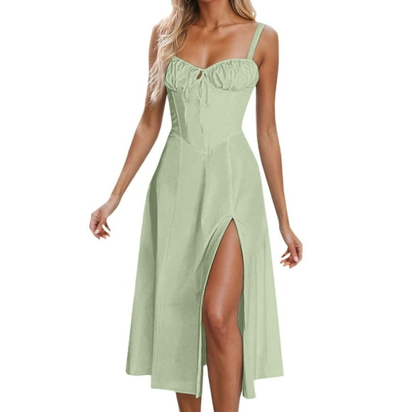 HXWCHs Midi Dress Women's V Neck Low Back Tie Detail Casual Dress Comfortable Everyday Wear for Spring Summer Fall Seasons Green XL