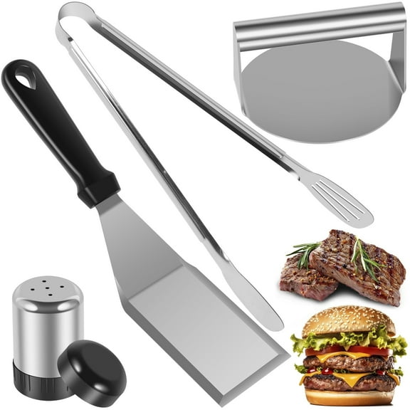 Ghojet Smashed Burger Kit Food Grade Stainless Steel Burger Press Set Durable Meat Steak Burger Smasher with Frying Spatula Food Tong Meat Press and Pepper Shaker for Burger Steak