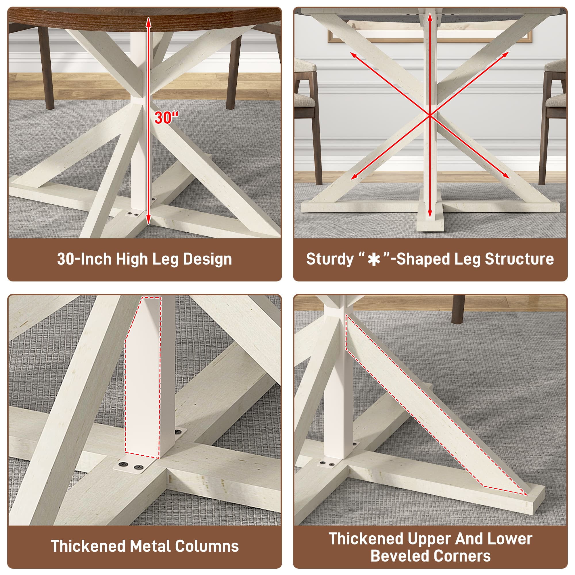 47" Round Dining Table for 4 to 6 People, Modern Farmhouse Kitchen Table with Thickened Waterproof Top, Sturdy X-Base Pedestal Table for Small Spaces, Dining Room, Rustic White