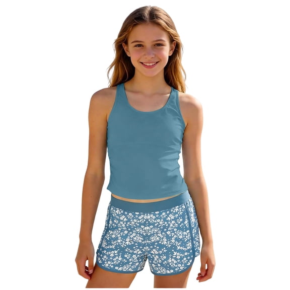 Girls Swim Shirt and Shorts Set Tween Bathing Suits Girls Swimsuit Kids Bathing Suit 3 Pieces Bikini Set with Shorts Adjustable Swimwear Size 10-12
