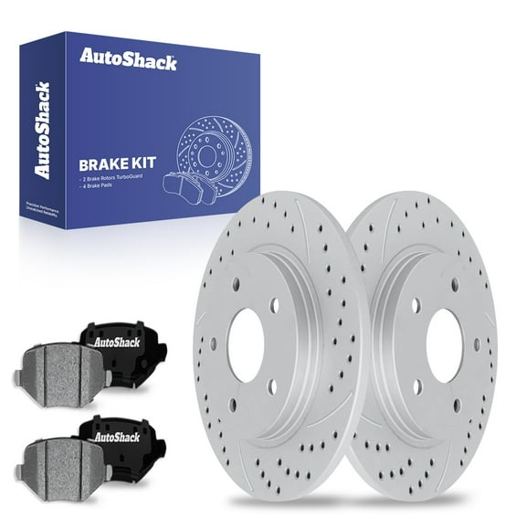 AutoShack 12.01" (305 mm) Rear Solid Drilled & Slotted Brake Rotors Coated   Ceramic Brake Pads | Replacement for 2012-2016 Dodge Grand Caravan | Silver Matte Finish | 6-PC Brake Kit | TurboGuard