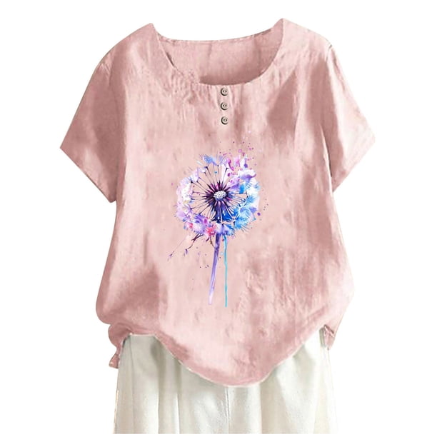 Camisas de Manga Corta para las Mujeres, Blusa de Botón de Impresión Casual con Cuello Redondo Hecha de Tela Suave Transpirable para Verano Primavera, Blusas de Manga Corta para las Mujeres