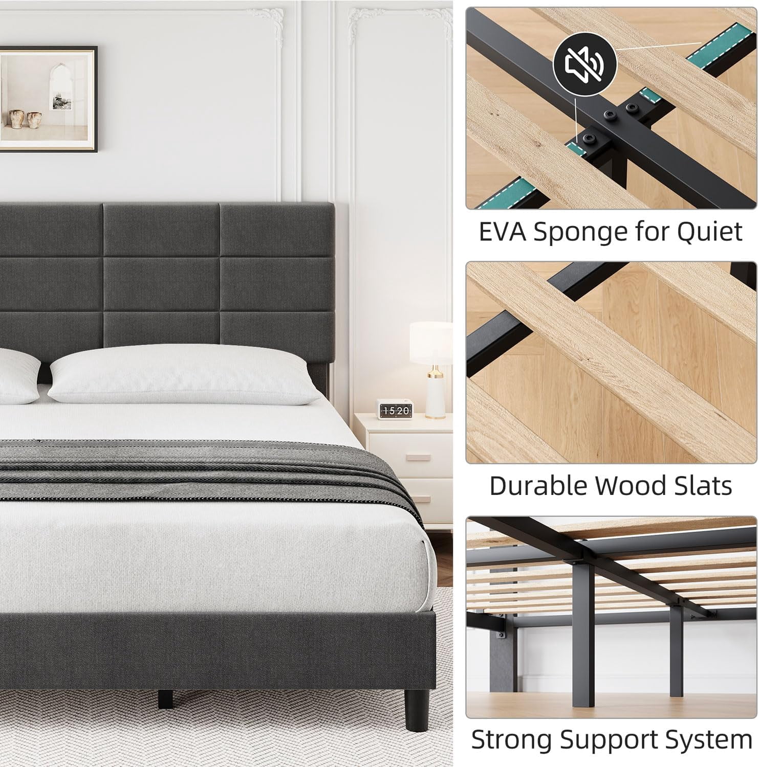 King Size Platform Bed Frame, Linen Upholstered King Bed Frame, Wooden Slats Support, No Box Spring Needed, Noise-Free, Grey