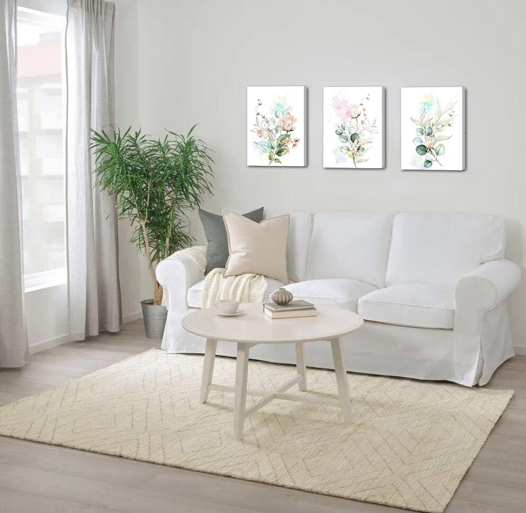 Florals Pictures Wall Art Flowers Rose Canvas Eucalyptus Botanical Plants Paintings Leaf Prints, Minimalist Simple Artwork Framed for Bathroom Living Room Bedroom Office Home Decor 12"x16"x3