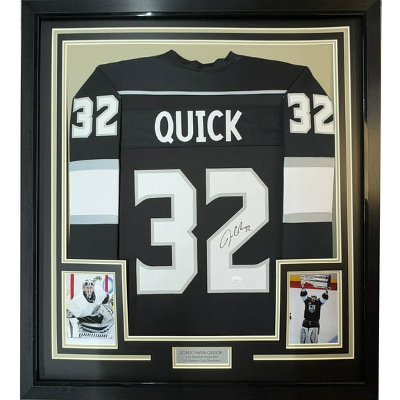 Framed Autographed/Signed Jonathan Quick 35x39 Los Angeles LA Black Hockey Jersey JSA COA