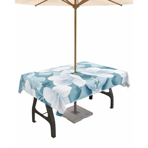 nqOlkjepod Watercolor Flowers Outdoor Tablecloth with Umbrella Hole & Zipper, Spring Vintage Blue Floral Botanical Rectangle Table Cover 54x80 Inch, Dining Waterproof Table Cloth Protector for Patio