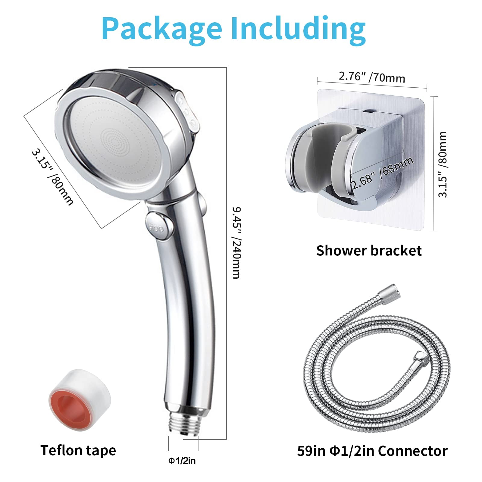 High Pressure Shower Head, Angle-Adjustable Water Saving Body Sprays Detachable Shower Head with Adjustable Holder silver