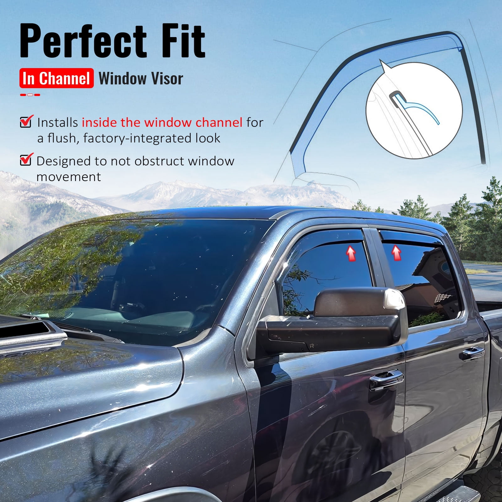 Ikon Motorsports In-Channel Window Visors Sun Shades Vent Rain Guards Deflectors for 2019-2026 Ram 1500 Crew Cab Acrylic Smoke/Tinted 4PCS