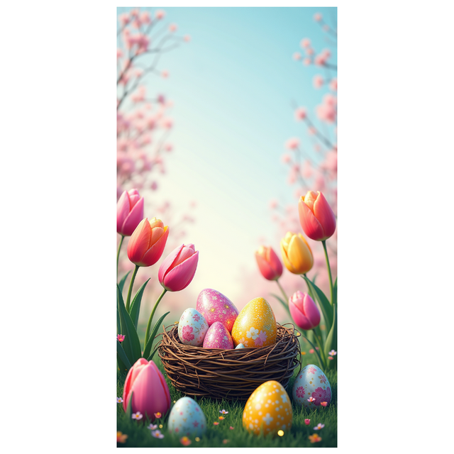 Spring Themed Easter Background Banner Decor with Tulips and Colorful Eggs Party Decoration Photography Props Garden Gathering Easter Celebration