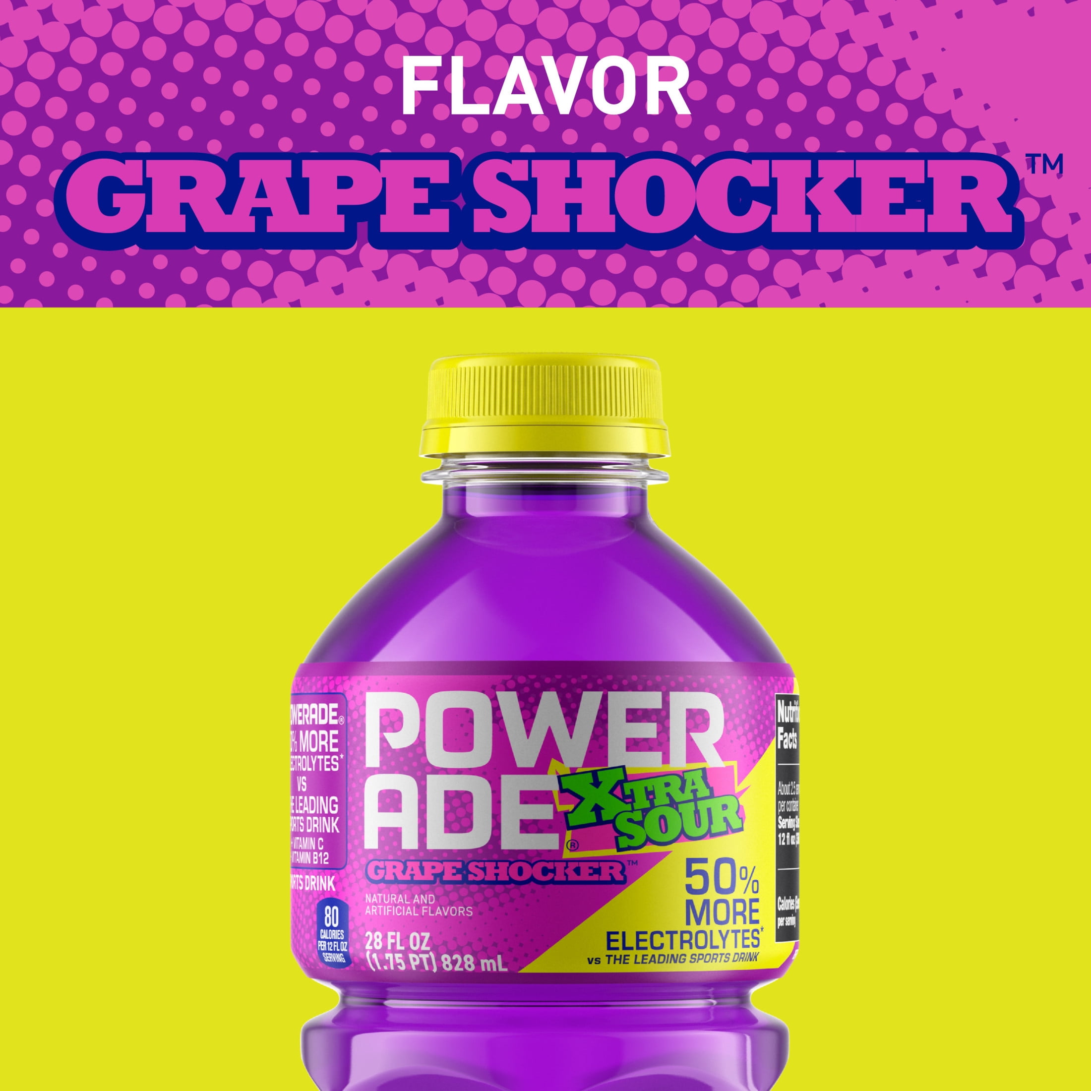 POWERADE XTRA SOUR Grape Shocker Electrolyte Sports Drink Bottle, 28 fl oz