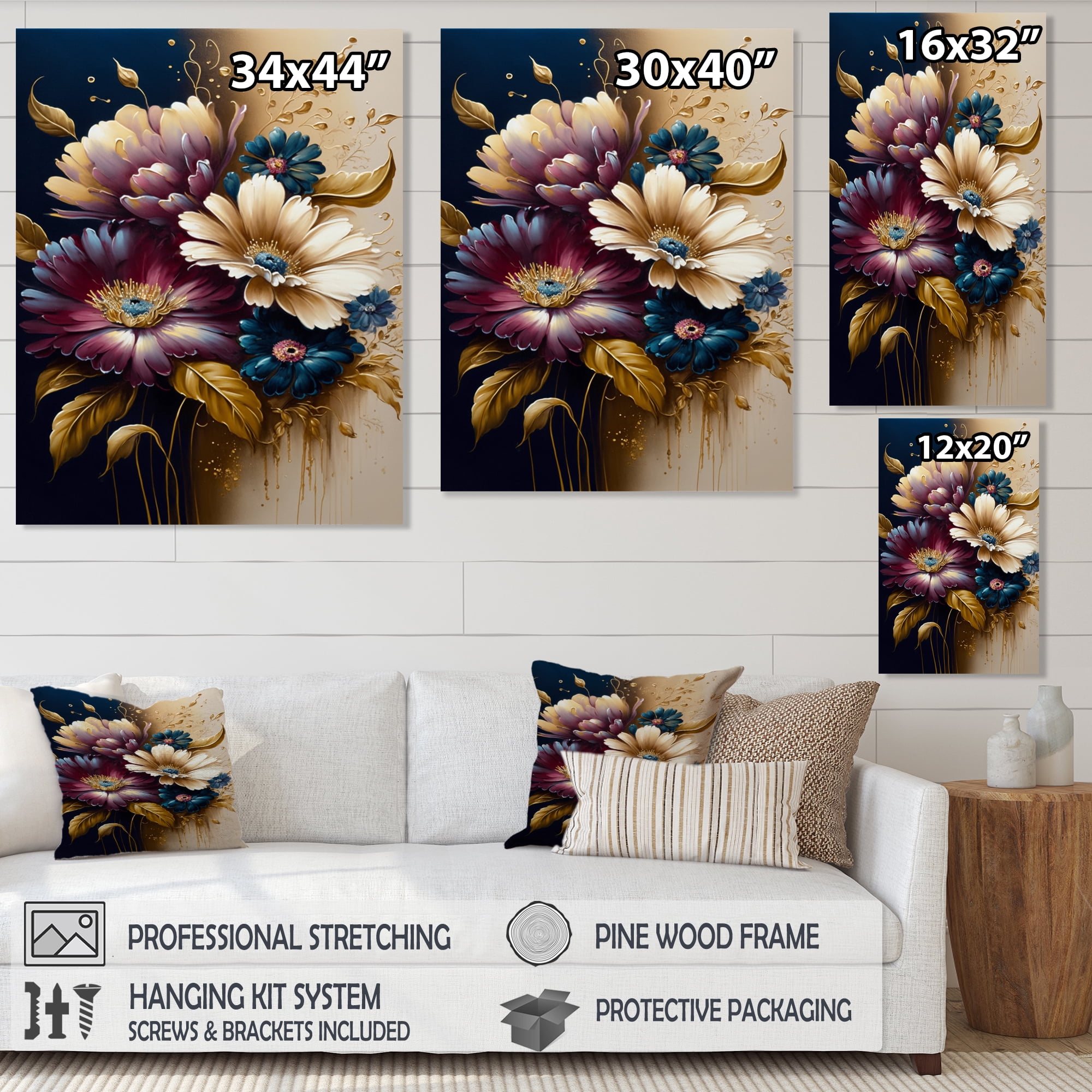 Designart Burgundy And Blue Daisy Bunch II Canvas Wall Art