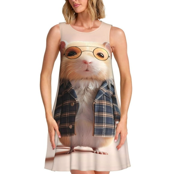 Wukai Cute Mouse In Glasses Print Women's Sleeveless Dress, Loose Fit Casual Dress for Women, Comfortable Sleeveless Summer Dress
