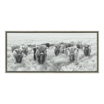 Kate and Laurel Sylvie Herd of Highland Cows Black and White Framed Canvas Wall Art by the Creative Bunch Studio 18x40 Gray Decorative Farmhouse Animal Art for Wall