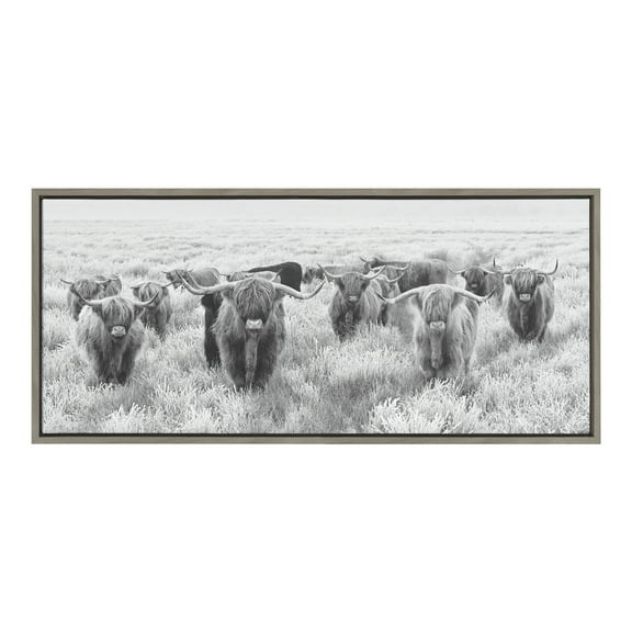 Kate and Laurel Sylvie Herd of Highland Cows Black and White Framed Canvas Wall Art by the Creative Bunch Studio 18x40 Gray Decorative Farmhouse Animal Art for Wall