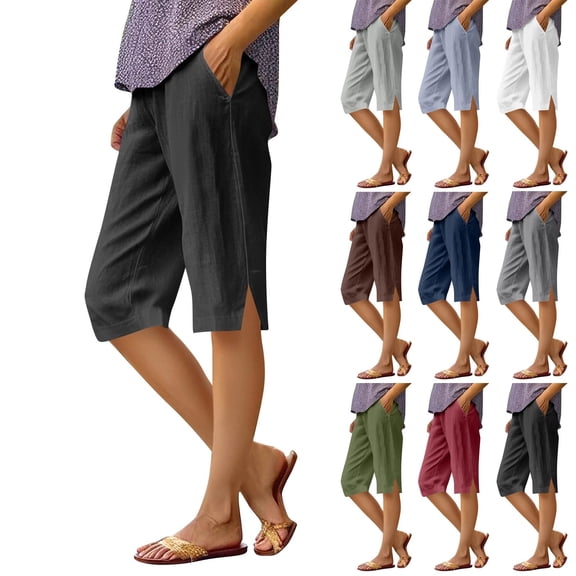 Women Cotton Linen Capri Pants Trendy Side Split Side Pocket Pants Comfortable Soft Loose Fit Casual Summer Culottes Black S