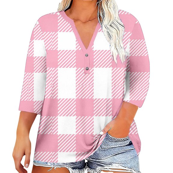 zbxnLI Plus Size Tops for Women V Neck T Shirt 3/4 Sleeve Shirts Plaid Dressy Blouse Casual Spring Clothes L-5XL