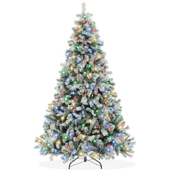 7.5FT Realistic Snow-Flocked Pine Artificial Holiday Christmas Tree with White and Multicolor LED Lights