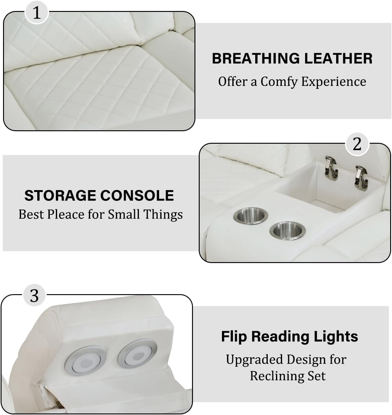 Power Reclining Sectional Sofa, Living Room Furniture Set with USB Chargers and Storage Console, Leather Recliner Sofa for Living Room/Apartment/Office/Home Theather (Creamy White)