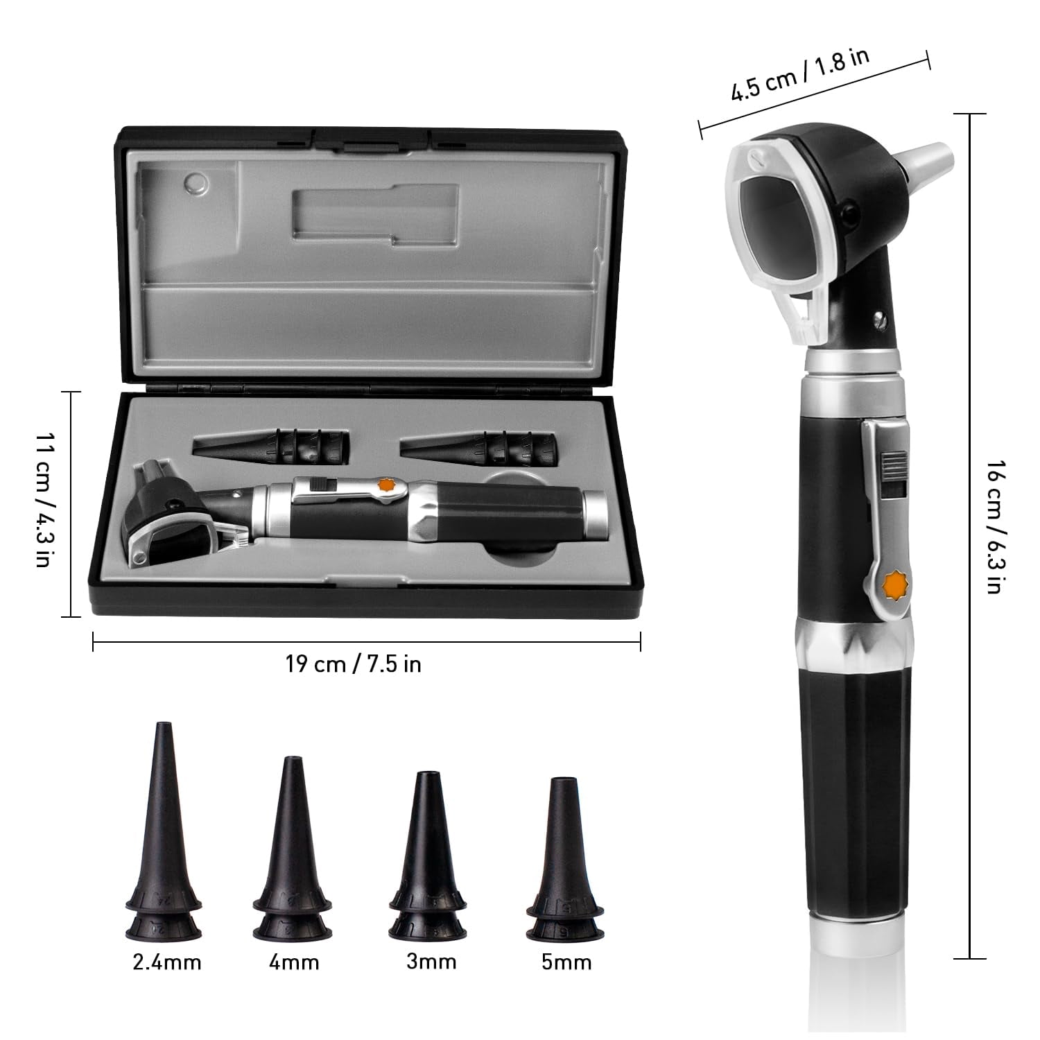 Scian Otoscope - Ear Scope with Light, Fiber Optic Otoscopes with Hard Plastic Case, Pocket Ear Infection Detector for Nurses, Kids, Elders, Home Use (Black)