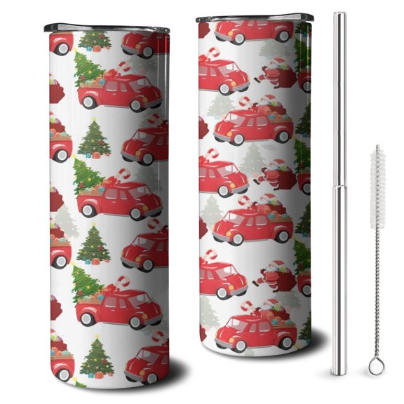20oz Red Christmas Car Pattern Skinny Tumblers Stainless Steel Tumbler with Lid and Straw,Vacuum Insulated Double Wall Travel Tumbler Cups with Cleaning Brush for Coffee,Tea
