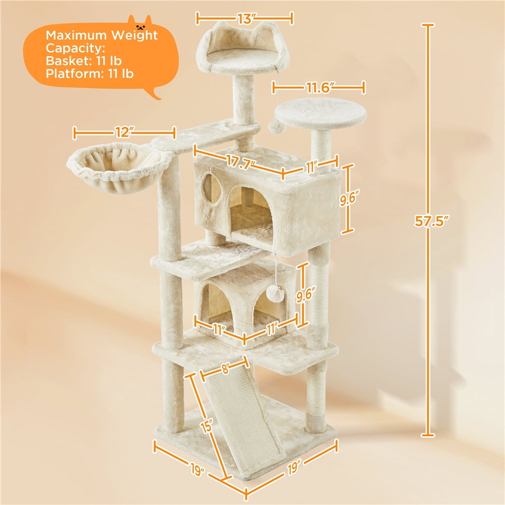 Yaheetech 57.5''H Cat Tree Tower Cat Tree with 2 Condos, Scratching Posts, Ramp,Beige