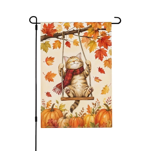 Garden Flag with Autumn Cat on Swing Design, Outdoor Fall Decor 12x18 inches