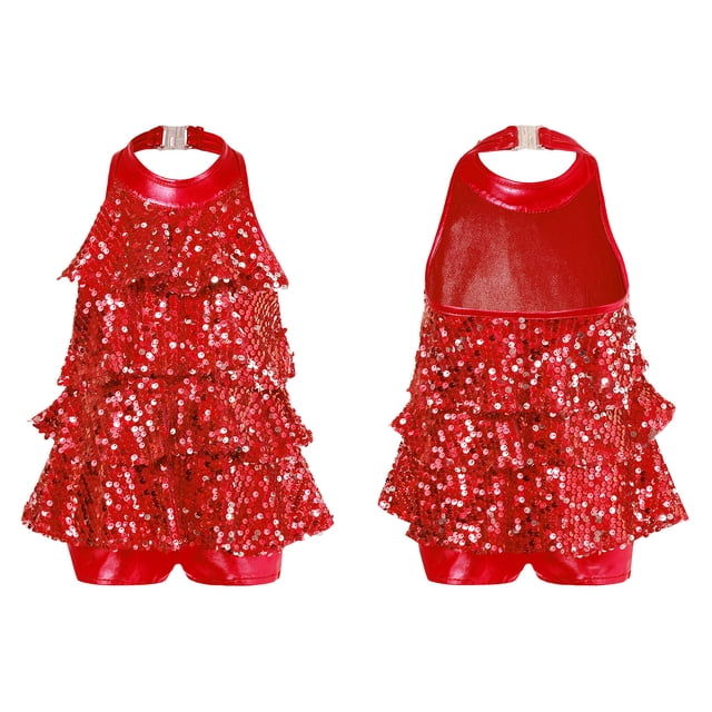 TiaoBug Girls Sleeveless Shiny Sequins Halter Tassel Mini Dress Latin Jazz Salsa Samba Rumba Unitard Dress Red 8