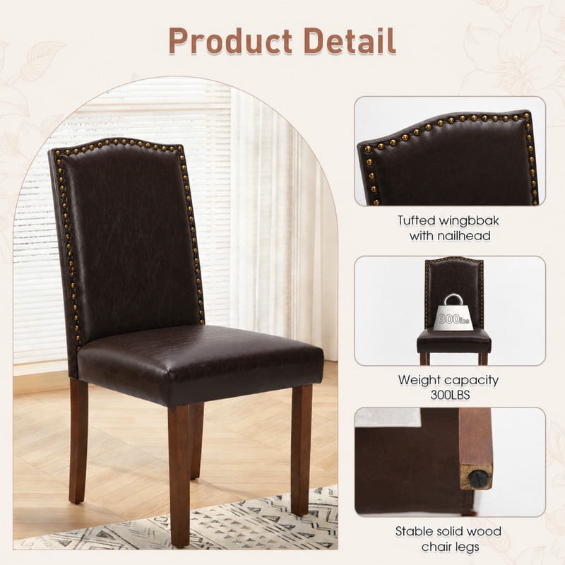 BEAUTYPEAK Dining Chairs Set of 2 Upholstered Parsons Chairs with Nailhead Trim Padded Leather Seats and Wood Legs, Brown