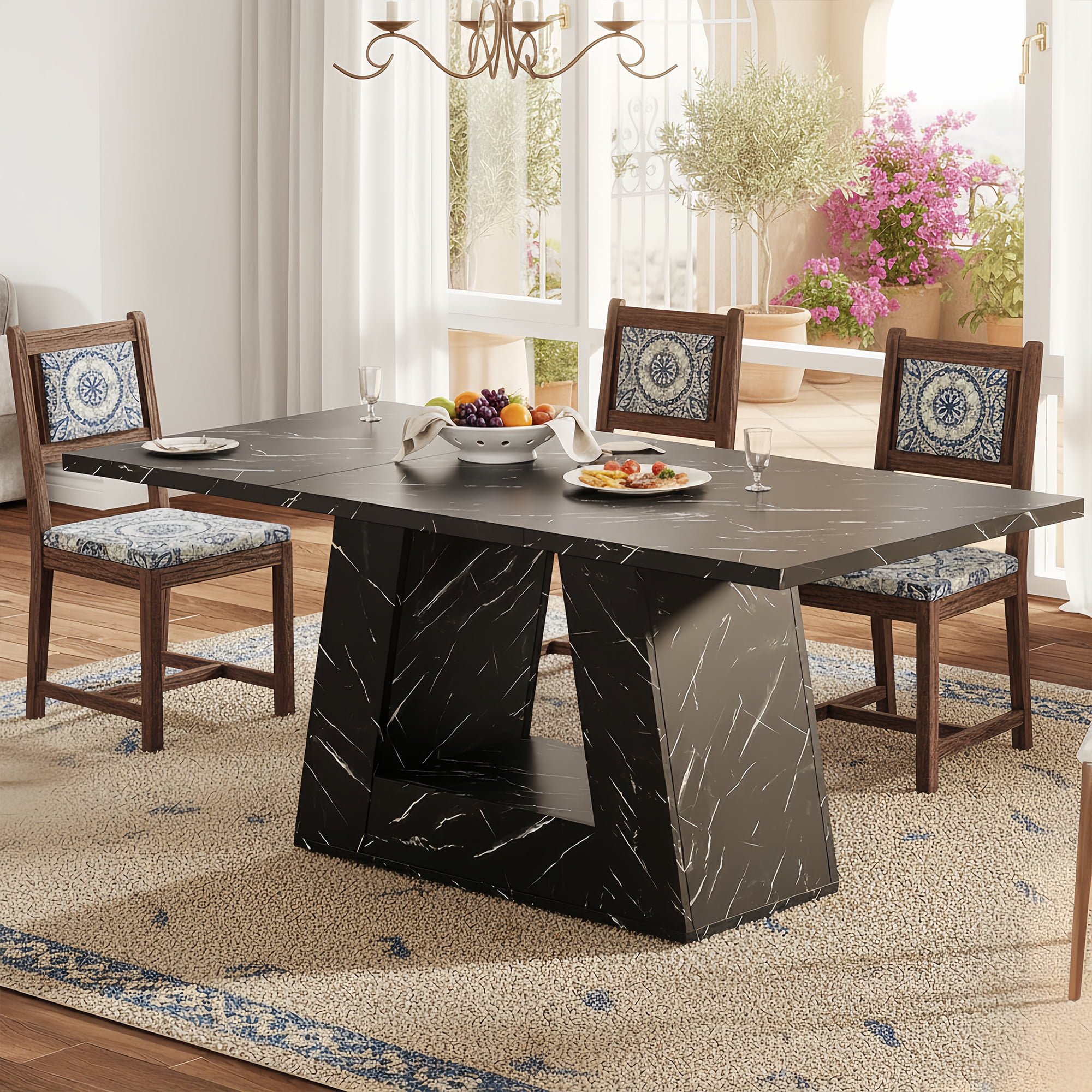 Modern Black Faux Marble Dining Table, 63" Rectangular 4-6 Seater Wood Table with Sturdy Base, Kitchen Living Room Dinner Table