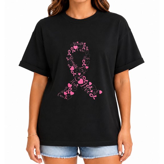 Love Hope Strength Breast Cancer Awareness Ribbon Graphic Short Sleeve T-Shirt for Women