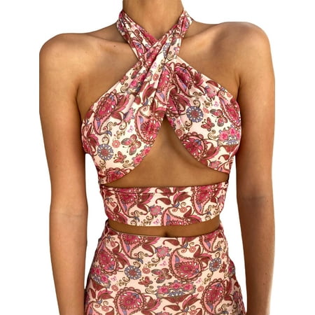 

Women Halter Sleeveless Backless Camisole Wrap Criss Cross Crop Tops