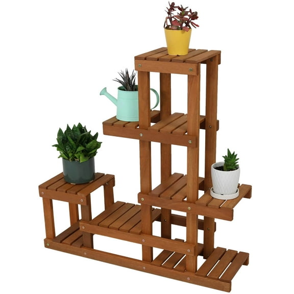 Sunnydaze 35.75" x 9.75" x 36.25" 7-Tier Brown Meranti Wood Outdoor Plant Stand