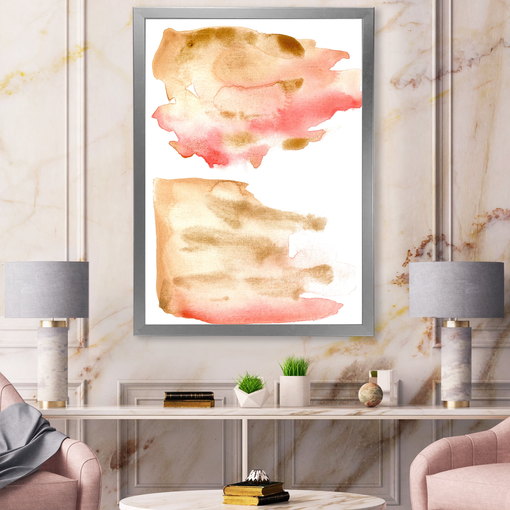 Designart 'Red Pink Gold and Beige Abstract Clouds' Modern Framed Art Print