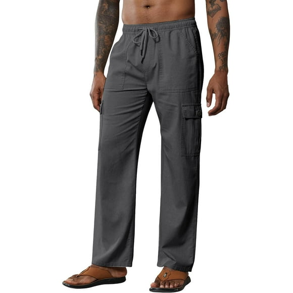 EHQJNJ Fleece Lined Joggers Men Mens Summer Solid Color Cotton Pants Loose Casual Belt Drawstring Cotton Overalls Black Sweatpants Men Thin Adult Snow Pants