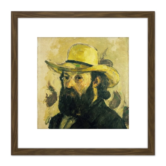 Paul Cezanne Portrait De L Artiste Au Chapeau De Paille 8X8 Inch Square Wooden Framed Wall Art Print Picture with Mount