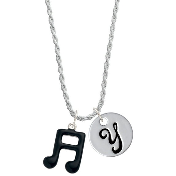 Delight Jewelry Silvertone Black Sixteenth Note Silvertone Script Initial Disc - Y - Charm Necklace, 20"+3"