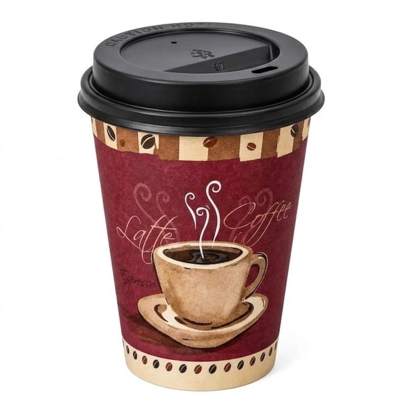 VeZee 10 Oz Disposable Heaven Poly Paper Durable Hot Cup with White Hinged Tab Lids For Hot/Cold Drink, Coffee Cups, Tea, Cocoa, Travel, Hot Chocolate, Chai, Latte & Hot Soup| 50CT