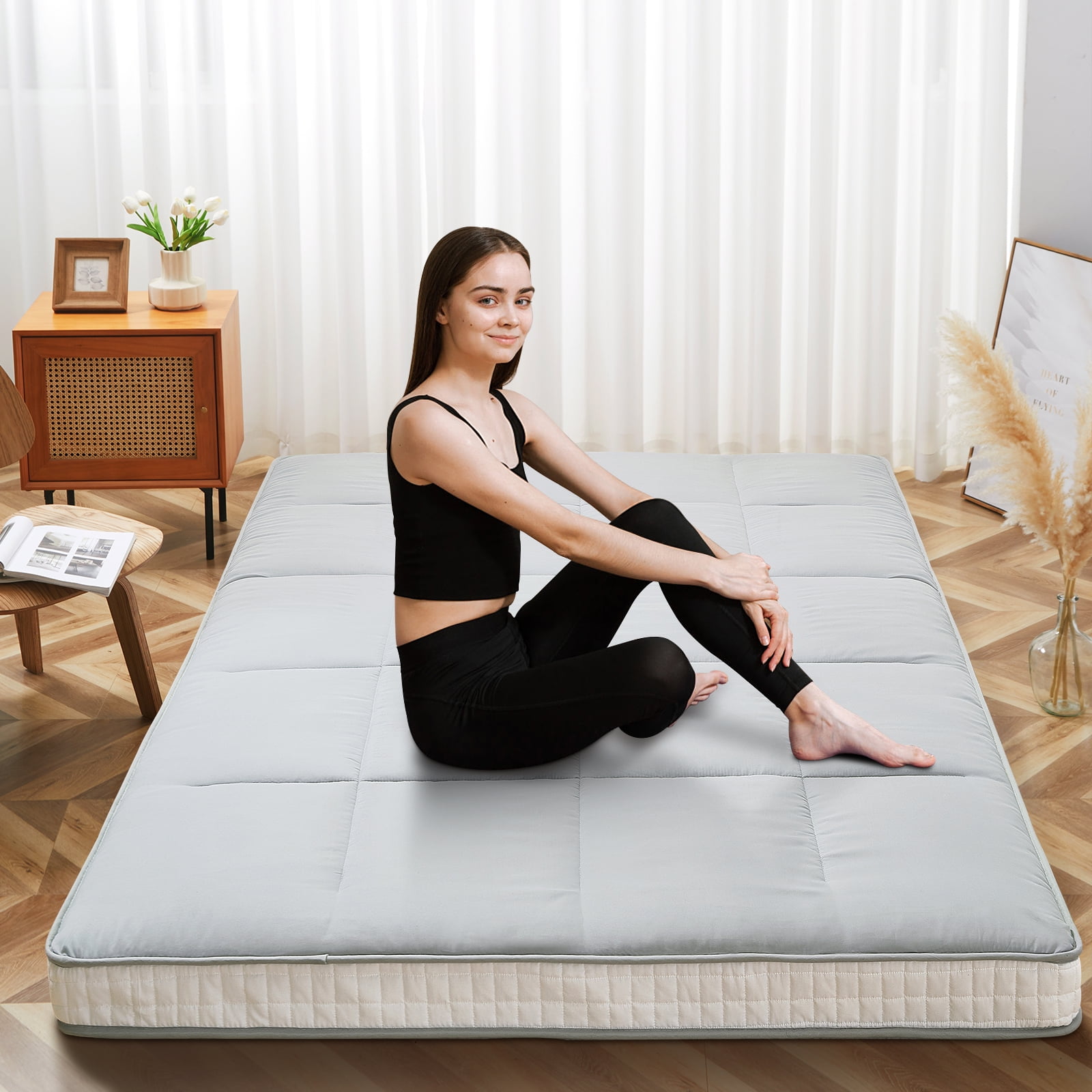 MOPHOTO Gray Floor Mattress with Storage Bag Japanese Futon Mattress Extra Thick Folding Sleeping Pad Futon Mattress Portable Camping Mattress, Queen